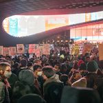 Scores of protesters stand outside Barclays Center on November 19th demonstrating largely against the Kyle Rittenhouse verdict.